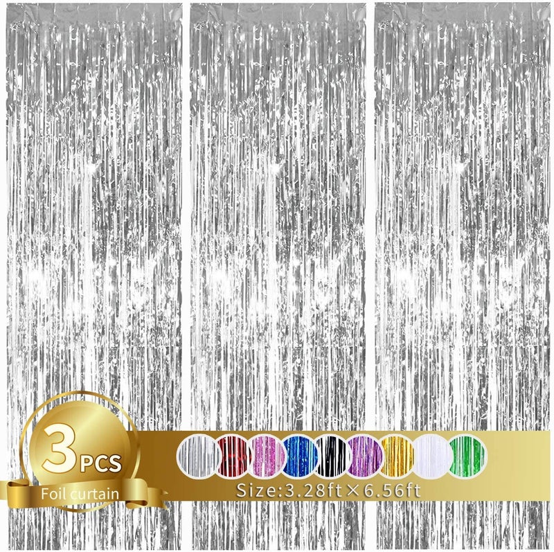 TONIFUL 3Pcs Silver Metallic Tinsel Foil Fringe Curtains,3.28ft x 6.56ft Silver Photo Booth Backdrop Streamer Curtain,Great for Bachelorette,Birthday,Christmas,New Year Party Decorations - Image 1
